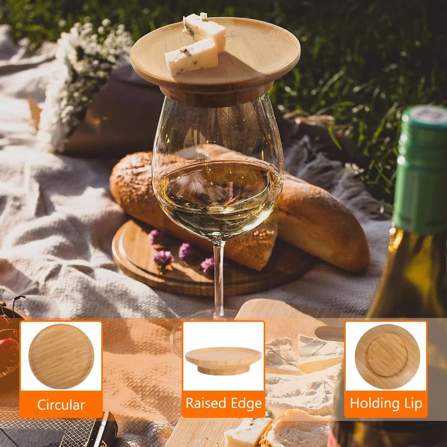 All-in-One Wine Glass Plate & Coaster - Bamboo Set