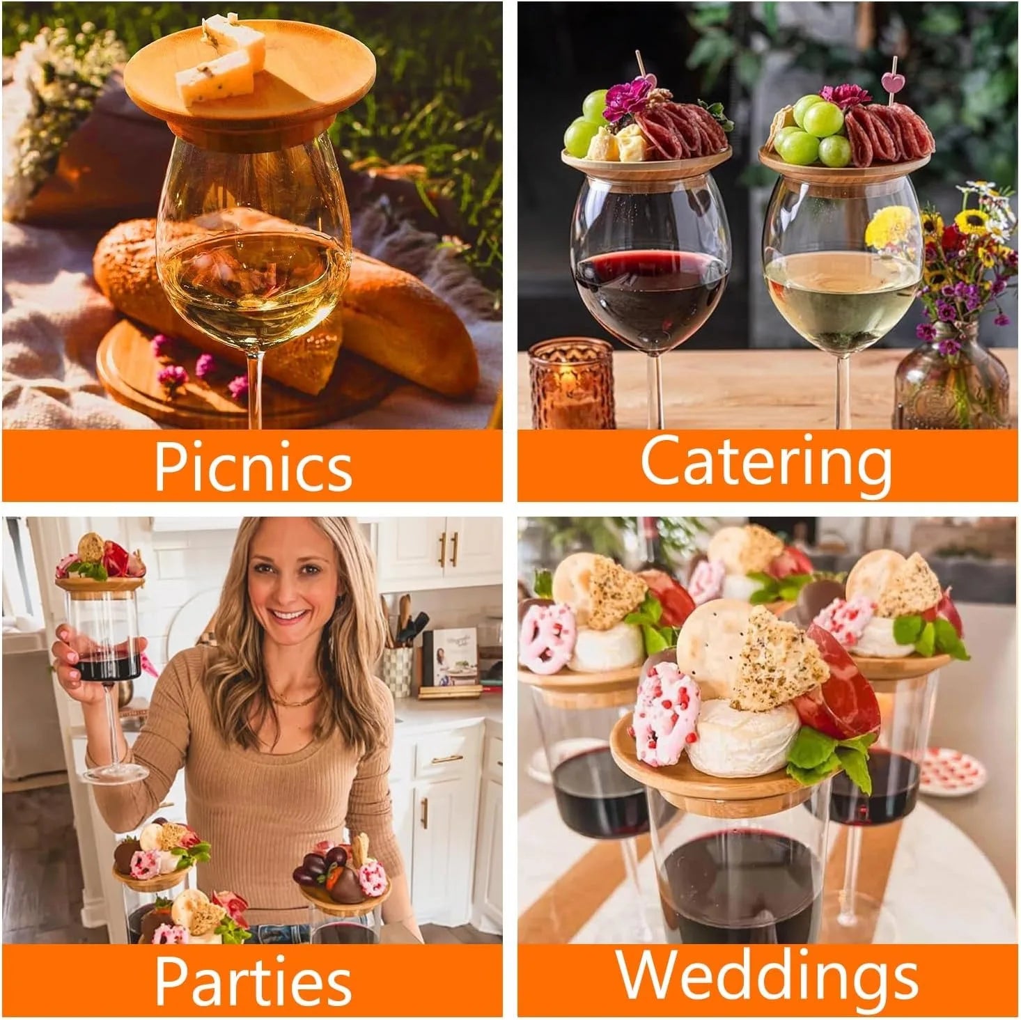 All-in-One Wine Glass Plate & Coaster - Bamboo Set